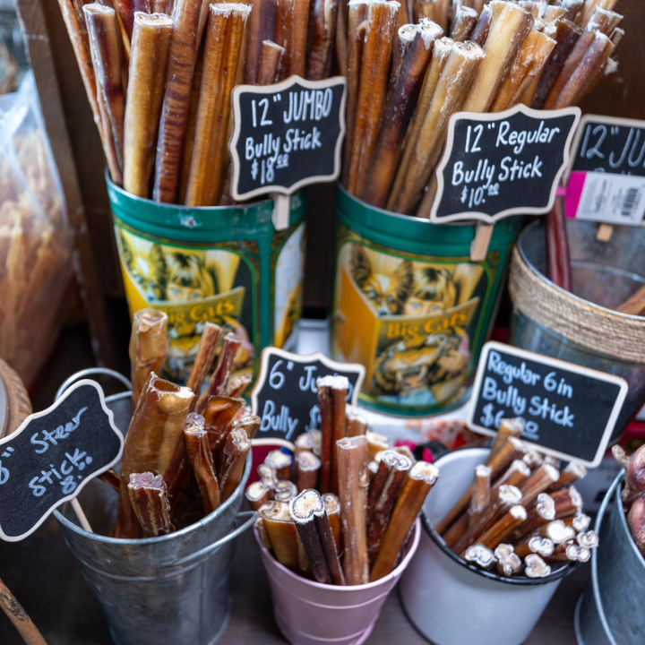 Natural dog chews and treats display at Bone Appetit pet pantry