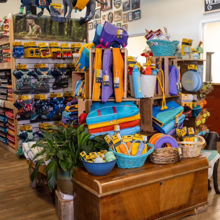 Pet toys and gear display inside Bone Appetit pet pantry