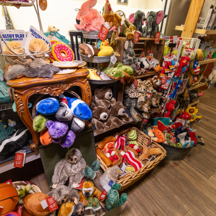 Colorful dog toys and pet supplies at Bone Appetit pet pantry